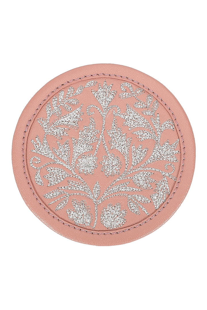 Blush Pink Leather Zari Thread Embroidered Round Coasters (Set of 7) by The Leather Garden Home & Living at Pernia's Pop Up Shop