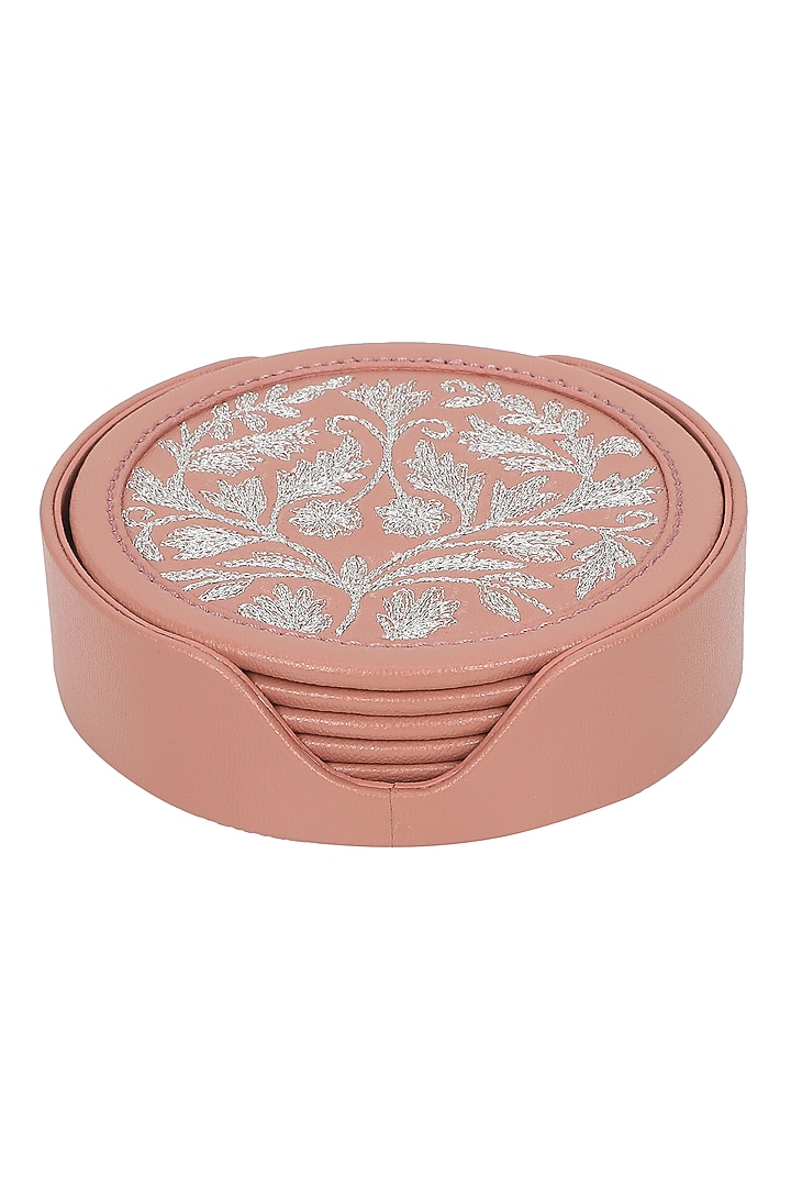 Blush Pink Leather Zari Thread Embroidered Round Coasters (Set of 7) by The Leather Garden Home & Living at Pernia's Pop Up Shop