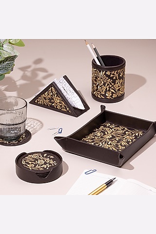 Chocolate Brown Leather Zari Thread Embroidered Round Coasters (Set of 7) by The Leather Garden Home & Living