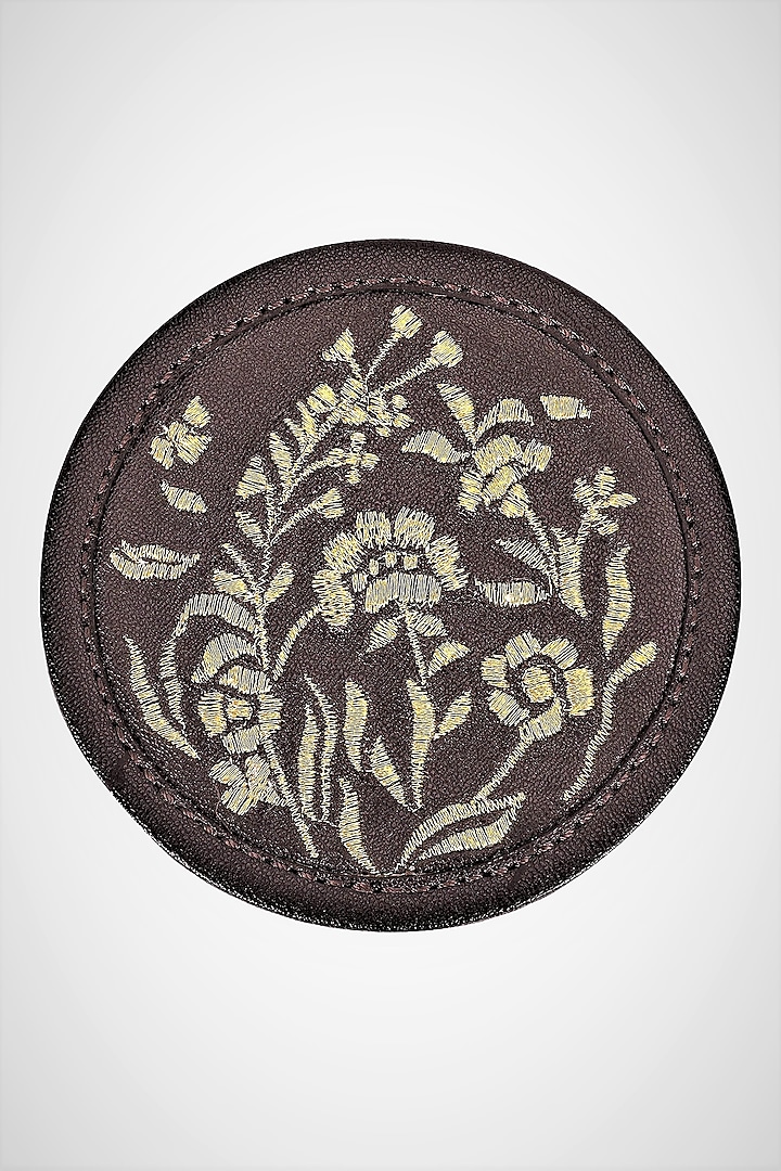 Chocolate Brown Leather Zari Thread Embroidered Round Coasters (Set of 7) by The Leather Garden Home & Living at Pernia's Pop Up Shop