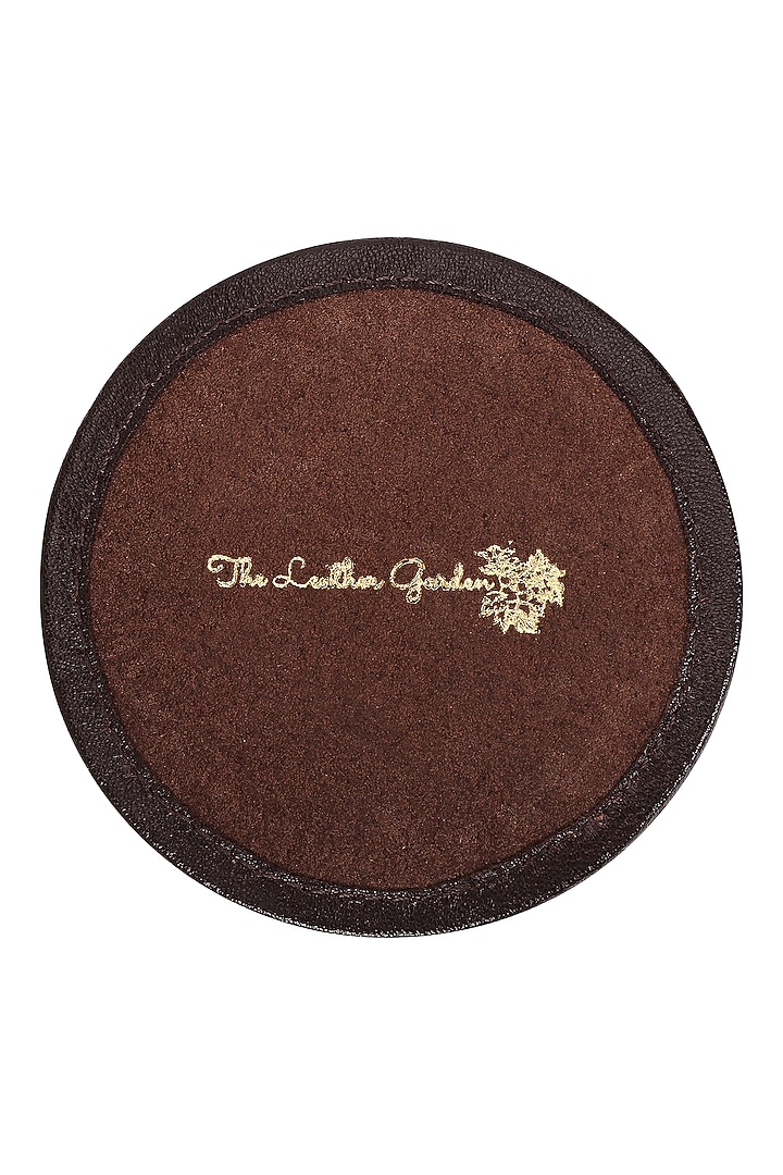 Chocolate Brown Leather Zari Thread Embroidered Round Coasters (Set of 7) by The Leather Garden Home & Living at Pernia's Pop Up Shop