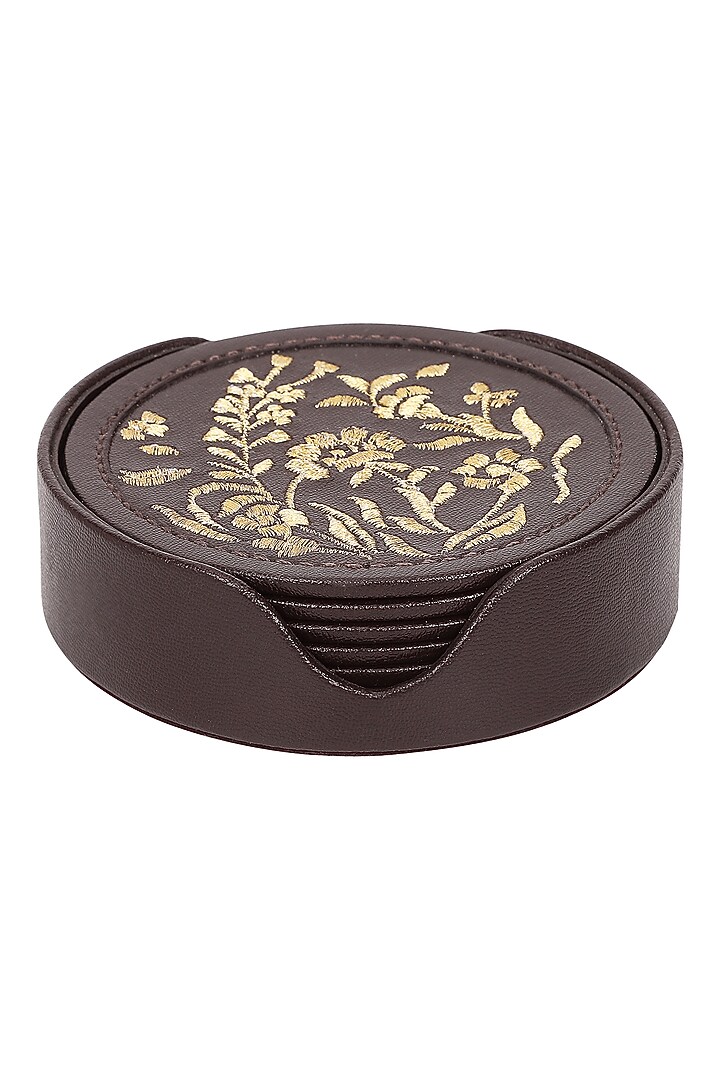 Chocolate Brown Leather Zari Thread Embroidered Round Coasters (Set of 7) by The Leather Garden Home & Living at Pernia's Pop Up Shop