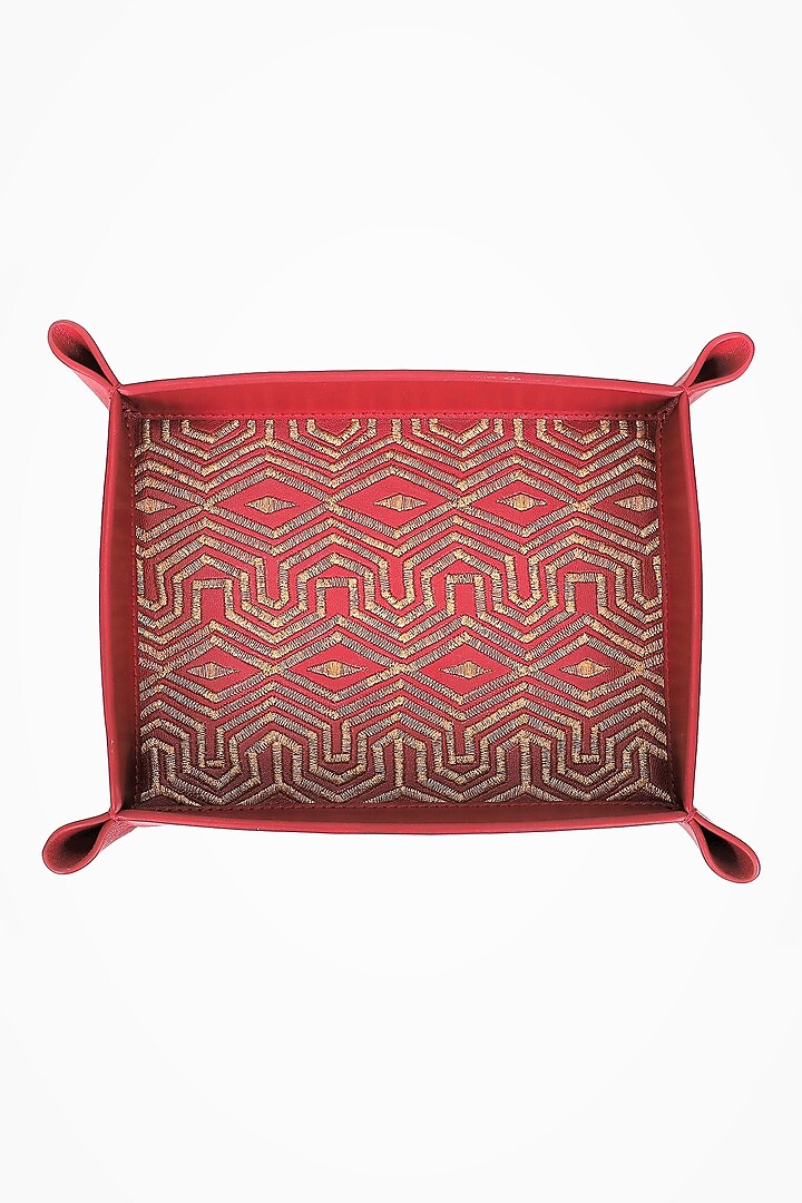 Ruby Red Leather Zari Thread Embroidered Desk Organizer by The Leather Garden Home & Living at Pernia's Pop Up Shop
