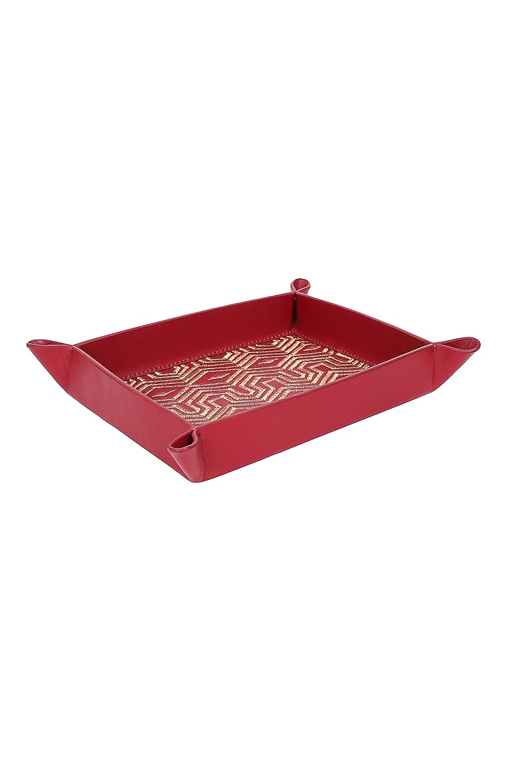 Ruby Red Leather Zari Thread Embroidered Desk Organizer by The Leather Garden Home & Living at Pernia's Pop Up Shop