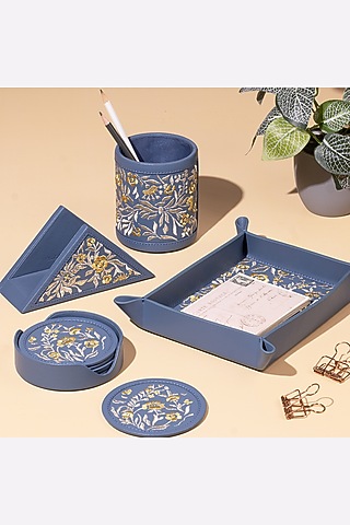 Powder Blue Leather Zari Thread Embroidered Desk Organizer by The Leather Garden Home & Living