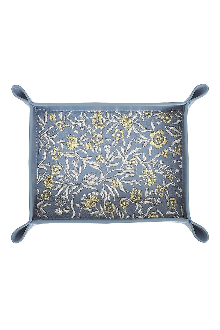 Powder Blue Leather Zari Thread Embroidered Desk Organizer by The Leather Garden Home & Living at Pernia's Pop Up Shop