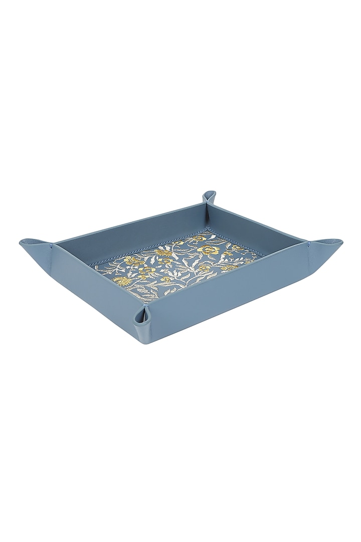 Powder Blue Leather Zari Thread Embroidered Desk Organizer by The Leather Garden Home & Living at Pernia's Pop Up Shop