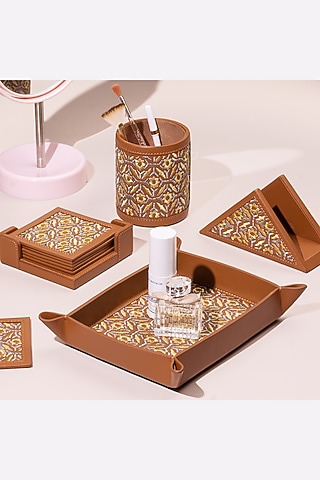 Brown Leather Zari Thread Embroidered Desk Organizer by The Leather Garden Home & Living