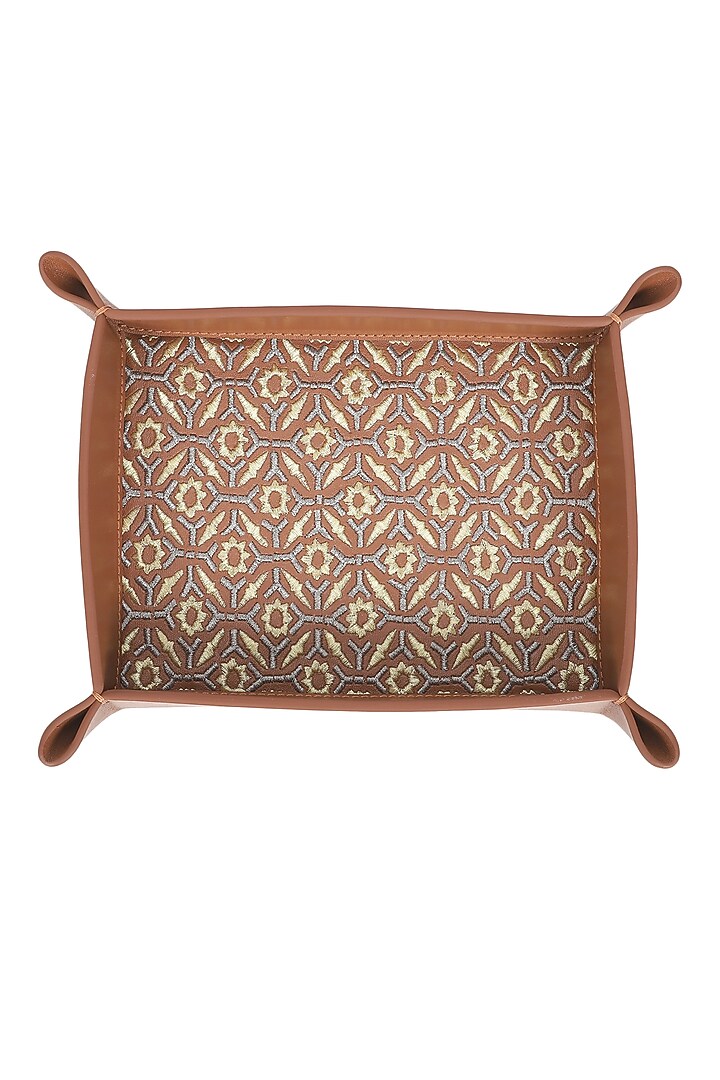 Brown Leather Zari Thread Embroidered Desk Organizer by The Leather Garden Home & Living at Pernia's Pop Up Shop