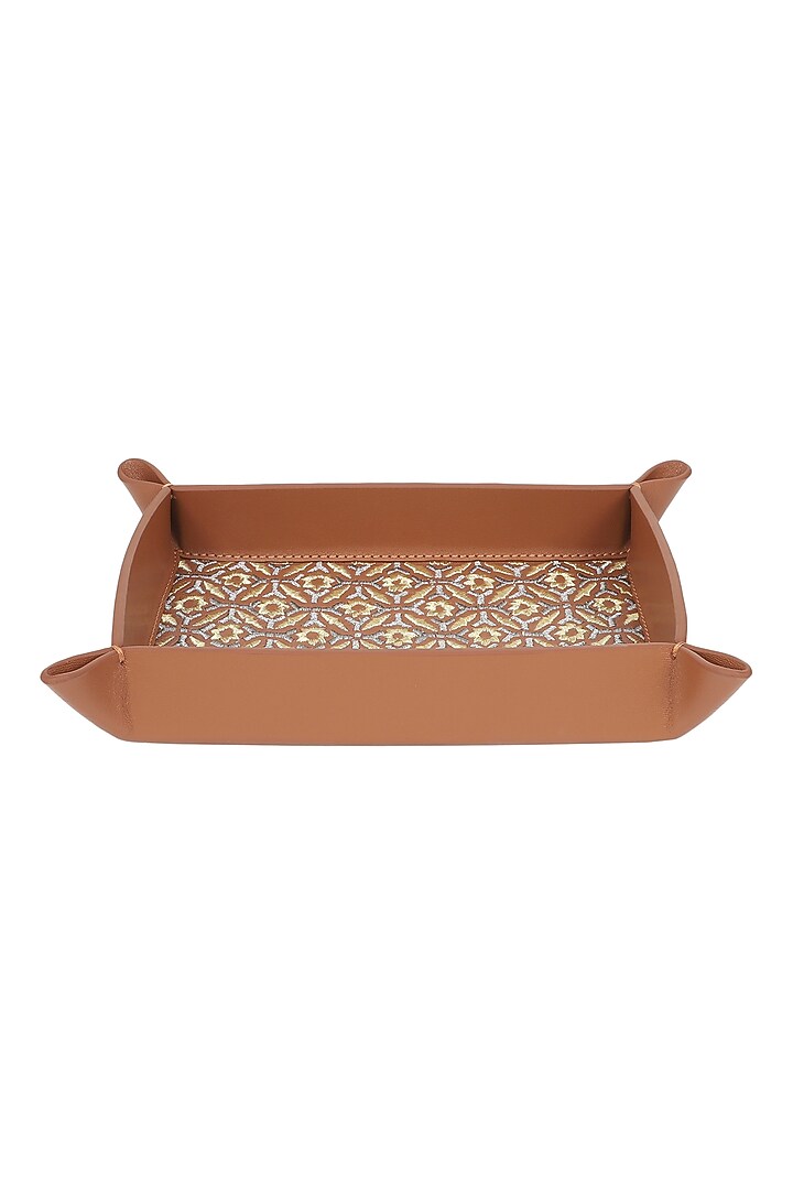 Brown Leather Zari Thread Embroidered Desk Organizer by The Leather Garden Home & Living at Pernia's Pop Up Shop