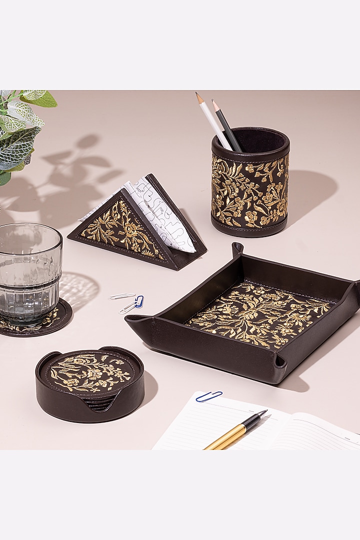 Chocolate Brown Leather Zari Thread Embroidered Desk Organizer by The Leather Garden Home & Living