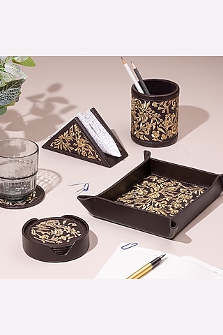 Chocolate Brown Leather Zari Thread Embroidered Desk Organizer by The Leather Garden Home & Living