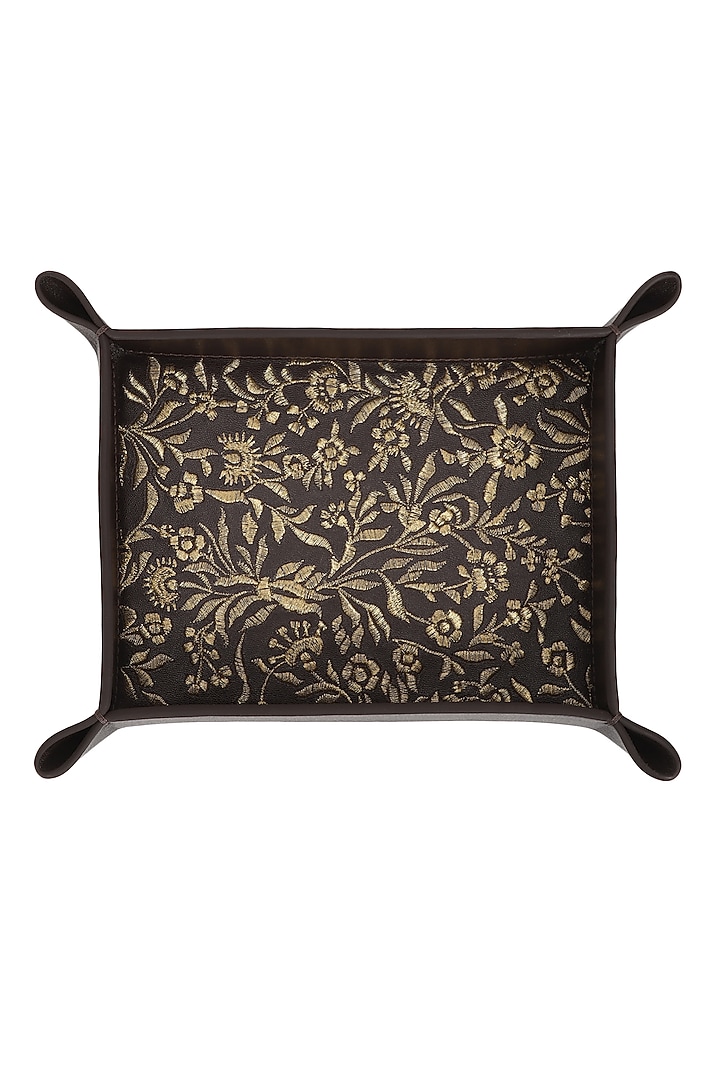 Chocolate Brown Leather Zari Thread Embroidered Desk Organizer by The Leather Garden Home & Living at Pernia's Pop Up Shop