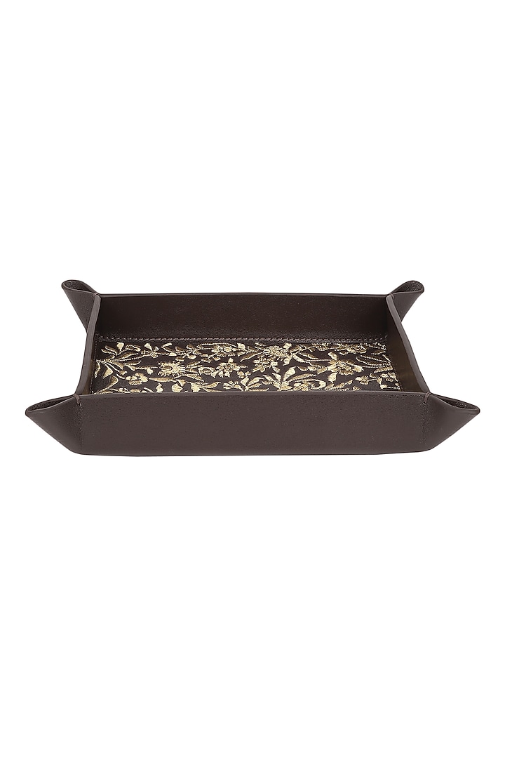 Chocolate Brown Leather Zari Thread Embroidered Desk Organizer by The Leather Garden Home & Living at Pernia's Pop Up Shop