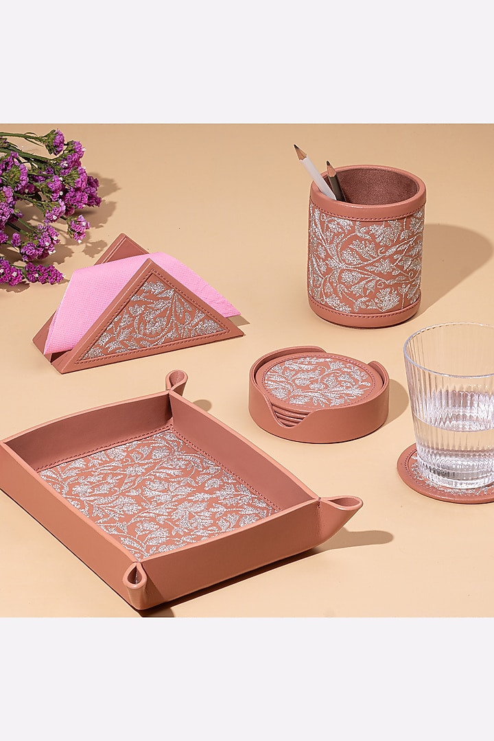 Blush Pink Leather Zari Thread Embroidered Desk Organizer by The Leather Garden Home & Living