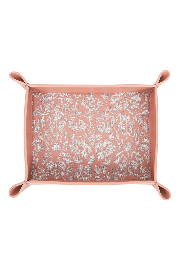 Blush Pink Leather Zari Thread Embroidered Desk Organizer by The Leather Garden Home & Living at Pernia's Pop Up Shop