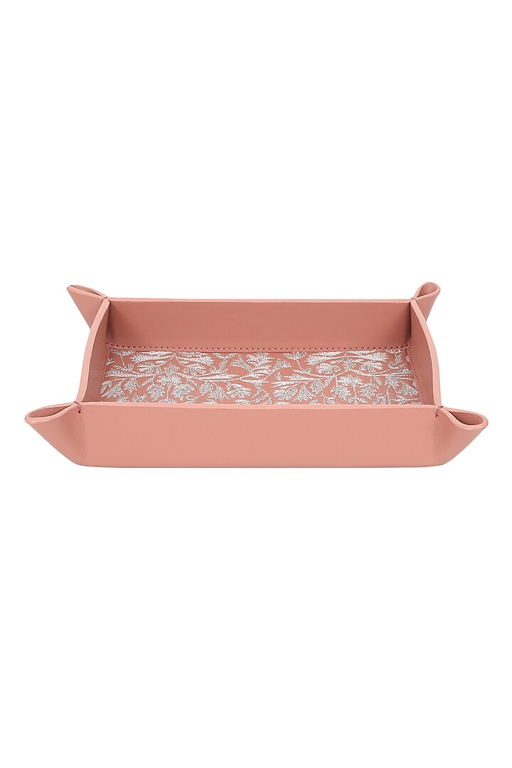 Blush Pink Leather Zari Thread Embroidered Desk Organizer by The Leather Garden Home & Living at Pernia's Pop Up Shop