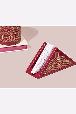Ruby Red Leather Zari Thread Embroidered Napkin Holder by The Leather Garden Home & Living