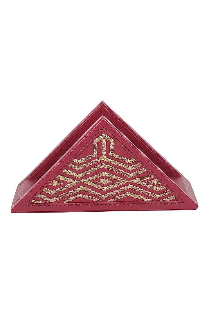 Ruby Red Leather Zari Thread Embroidered Napkin Holder by The Leather Garden Home & Living at Pernia's Pop Up Shop