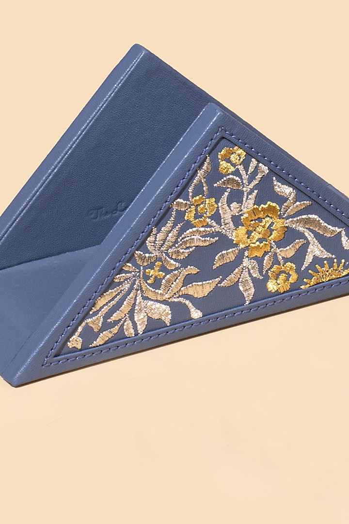 Powder Blue Leather Zari Thread Embroidered Napkin Holder by The Leather Garden Home & Living