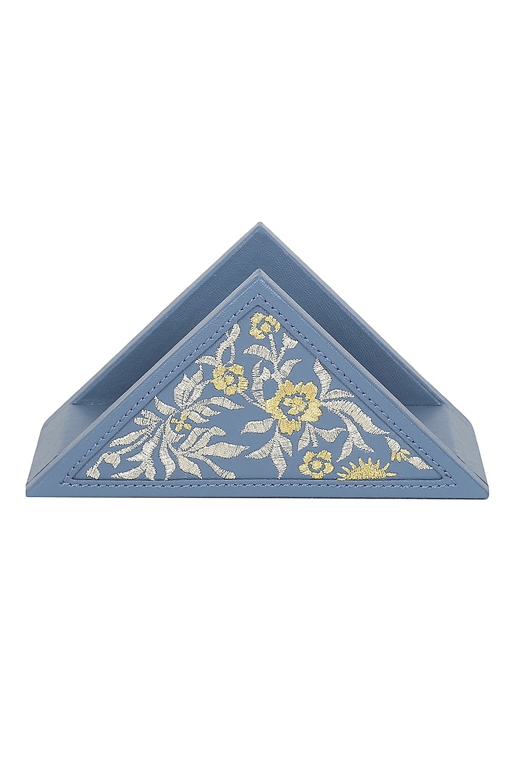 Powder Blue Leather Zari Thread Embroidered Napkin Holder by The Leather Garden Home & Living at Pernia's Pop Up Shop