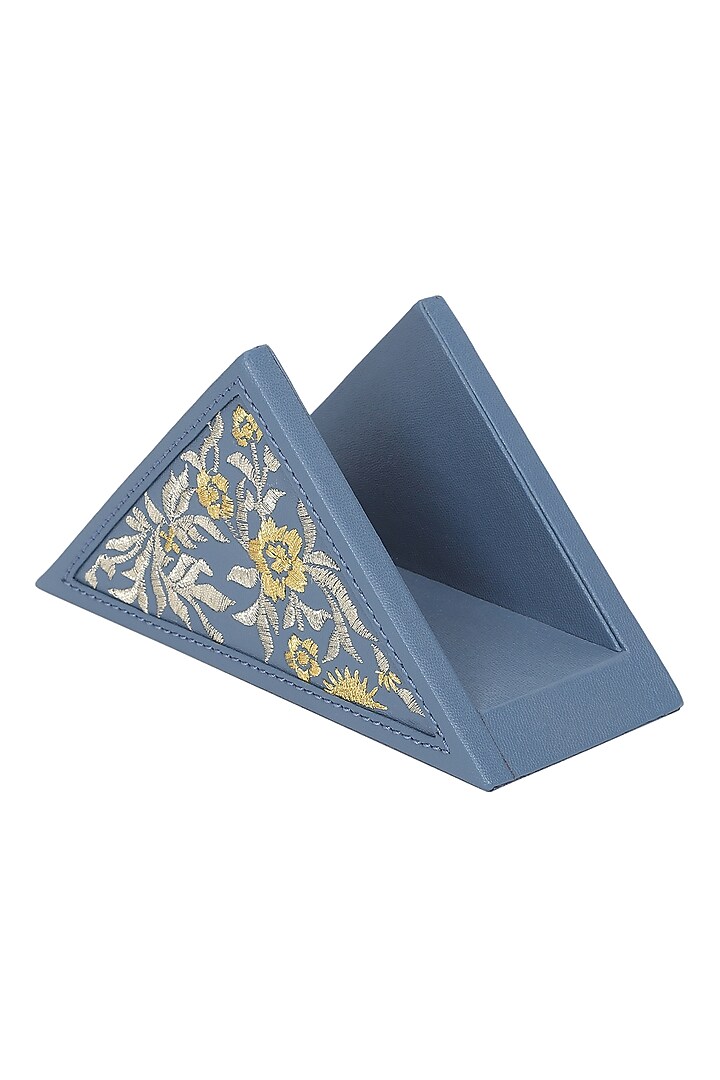 Powder Blue Leather Zari Thread Embroidered Napkin Holder by The Leather Garden Home & Living at Pernia's Pop Up Shop