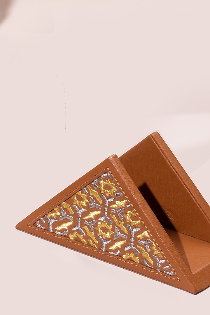 Brown Leather Zari Thread Embroidered Napkin Holder by The Leather Garden Home & Living