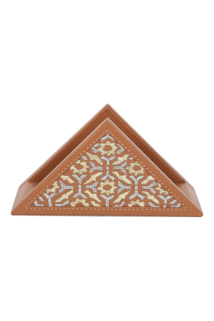 Brown Leather Zari Thread Embroidered Napkin Holder by The Leather Garden Home & Living at Pernia's Pop Up Shop
