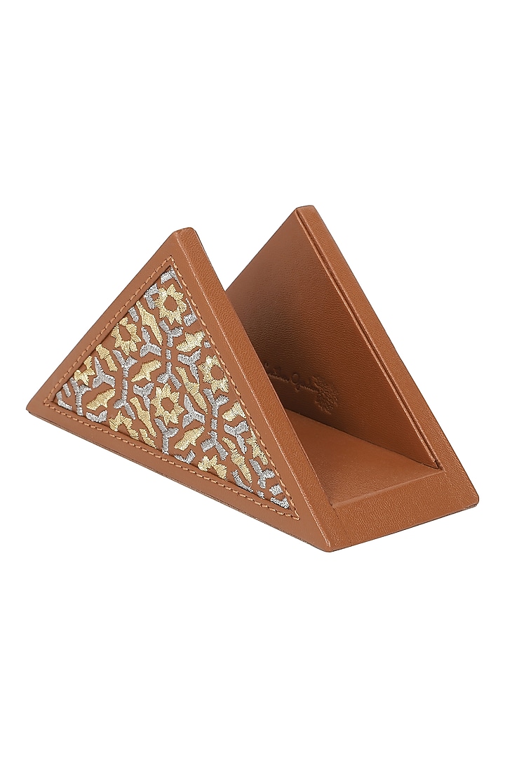 Brown Leather Zari Thread Embroidered Napkin Holder by The Leather Garden Home & Living at Pernia's Pop Up Shop