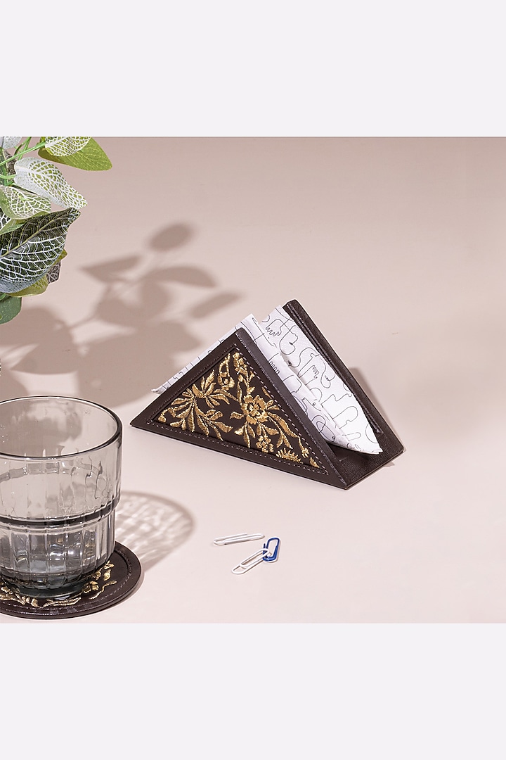 Chocolate Brown Leather Zari Thread Embroidered Napkin Holder by The Leather Garden Home & Living
