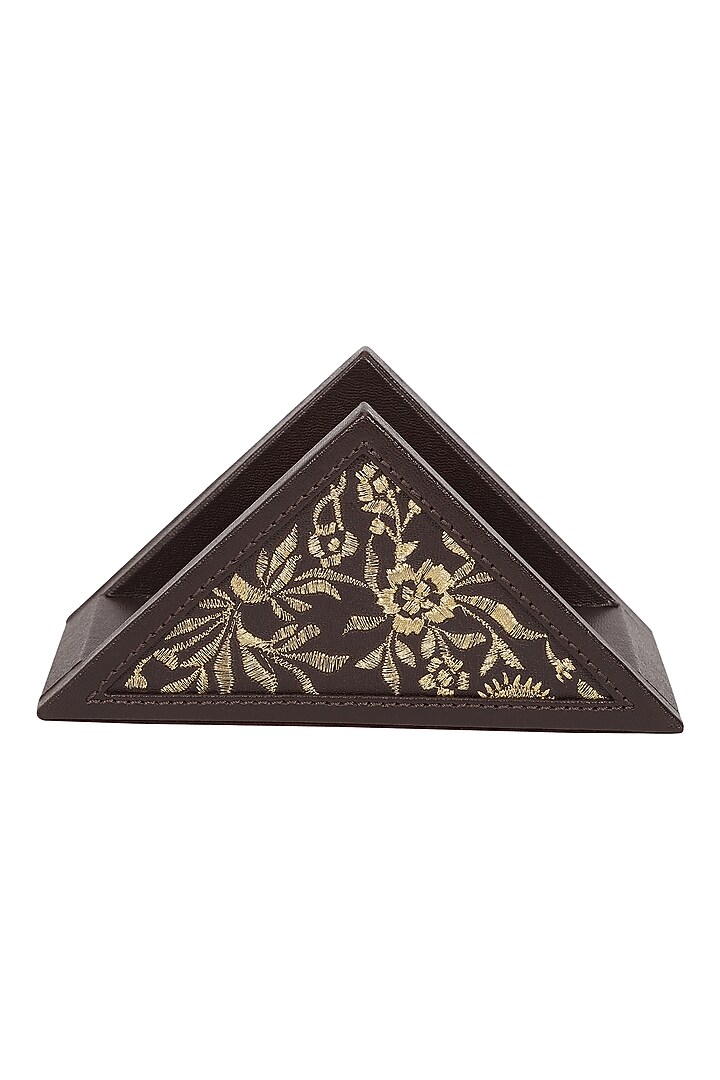 Chocolate Brown Leather Zari Thread Embroidered Napkin Holder by The Leather Garden Home & Living at Pernia's Pop Up Shop