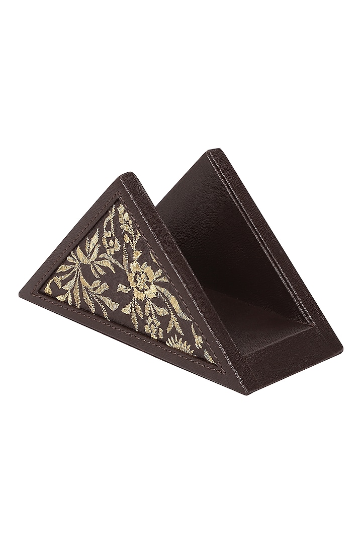 Chocolate Brown Leather Zari Thread Embroidered Napkin Holder by The Leather Garden Home & Living at Pernia's Pop Up Shop