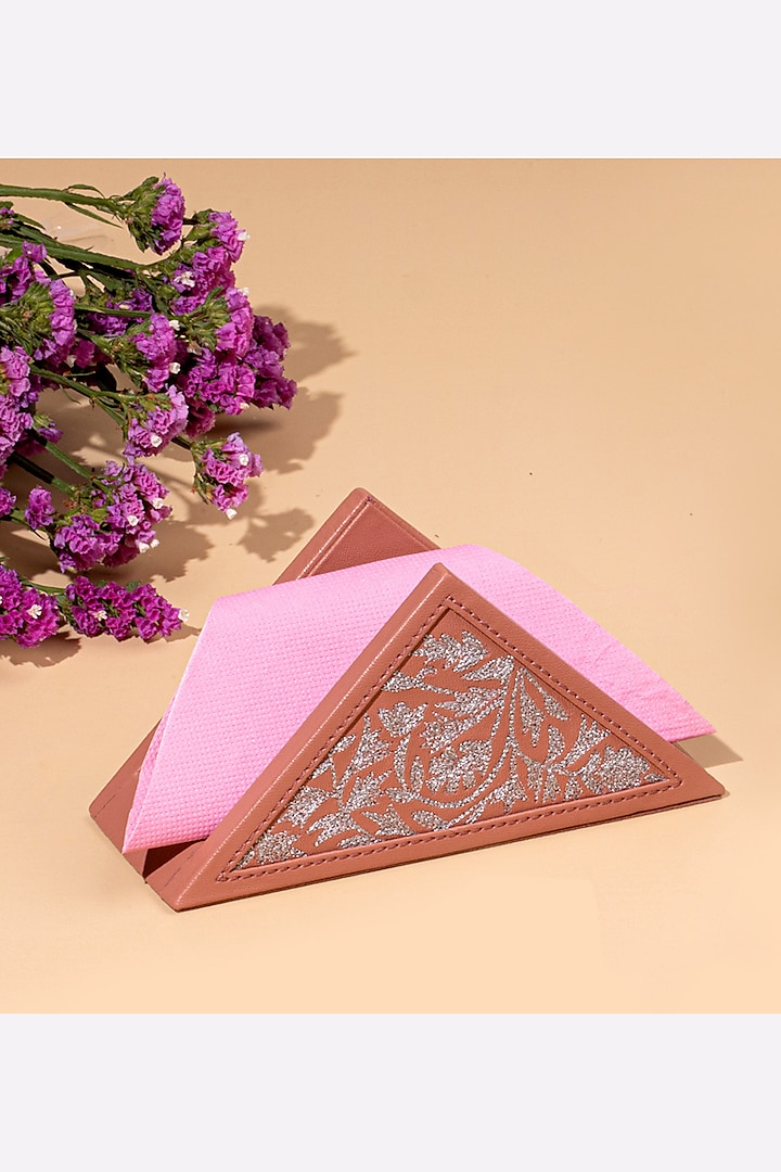 Blush Pink Leather Zari Thread Embroidered Napkin Holder by The Leather Garden Home & Living