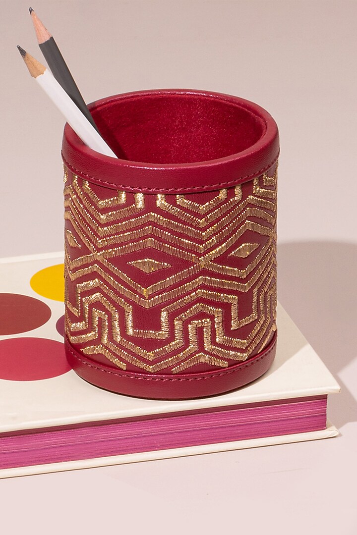 Ruby Red Leather Zari Thread Embroidered Pen Holder by The Leather Garden Home & Living