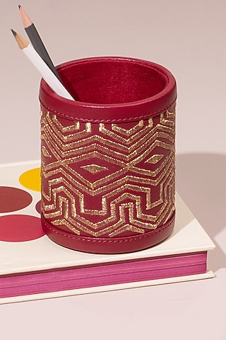Ruby Red Leather Zari Thread Embroidered Pen Holder by The Leather Garden Home & Living