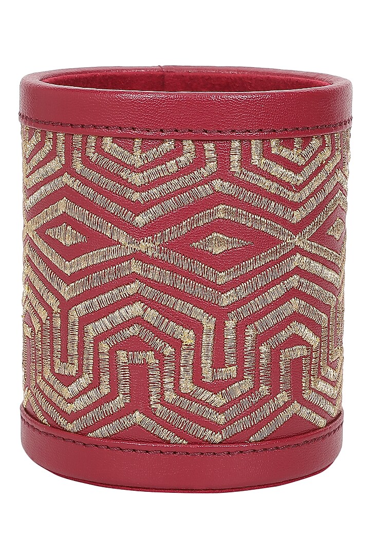 Ruby Red Leather Zari Thread Embroidered Pen Holder by The Leather Garden Home & Living at Pernia's Pop Up Shop