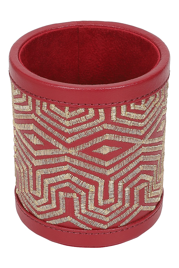 Ruby Red Leather Zari Thread Embroidered Pen Holder by The Leather Garden Home & Living at Pernia's Pop Up Shop
