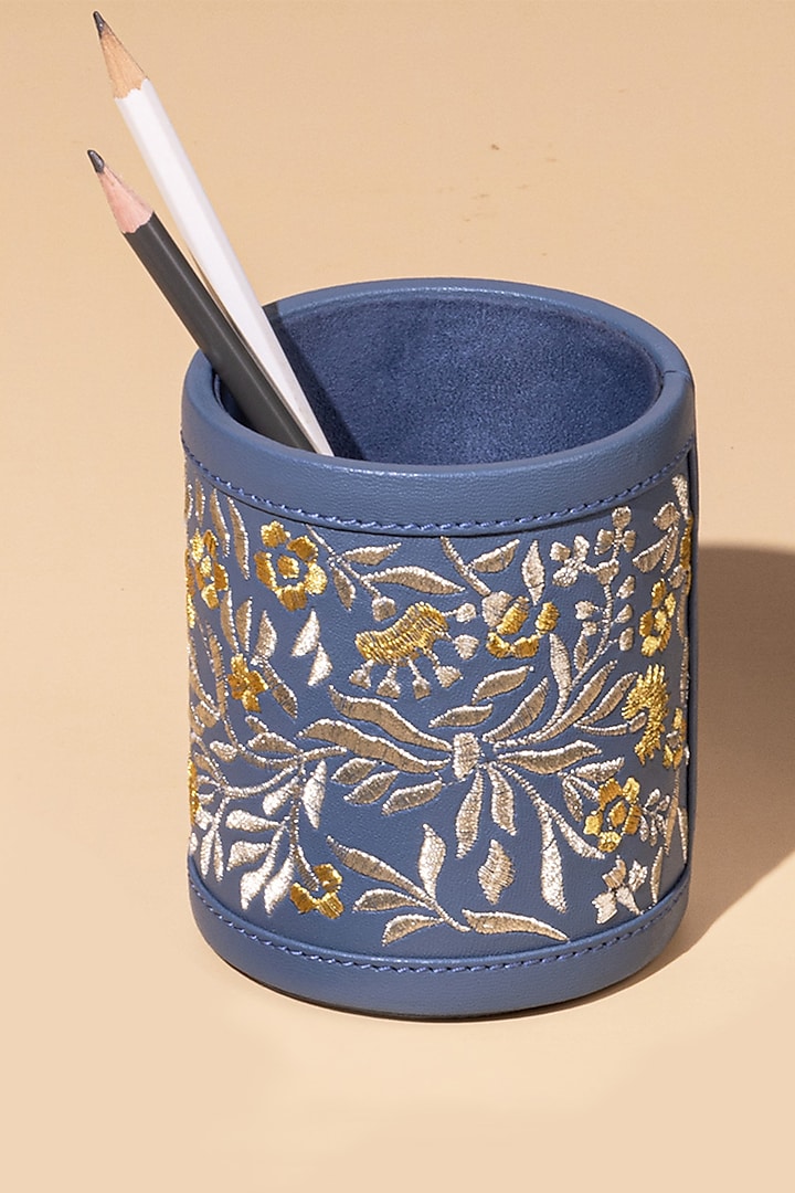 Powder Blue Leather Zari Thread Embroidered Pen Holder by The Leather Garden Home & Living