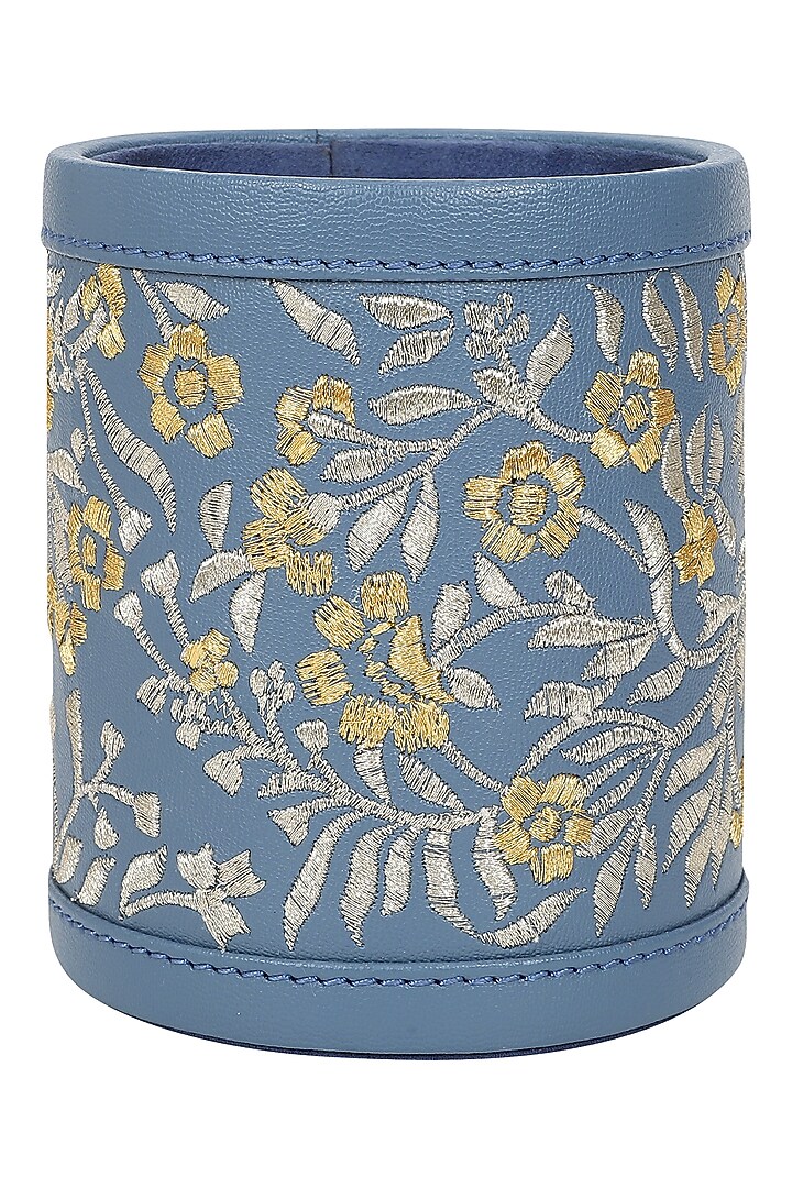 Powder Blue Leather Zari Thread Embroidered Pen Holder by The Leather Garden Home & Living at Pernia's Pop Up Shop