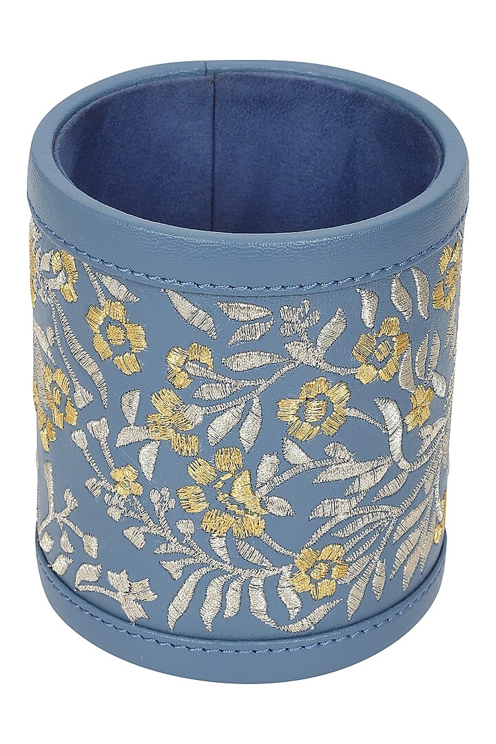 Powder Blue Leather Zari Thread Embroidered Pen Holder by The Leather Garden Home & Living at Pernia's Pop Up Shop