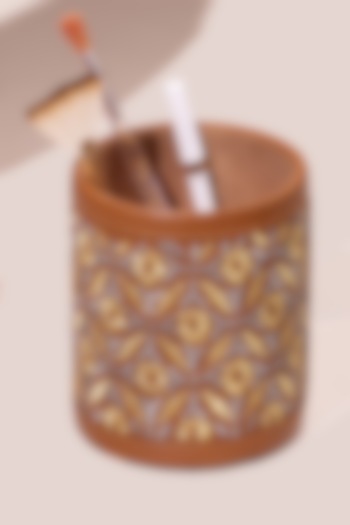 Brown Leather Zari Thread Embroidered Pen Holder by The Leather Garden Home & Living