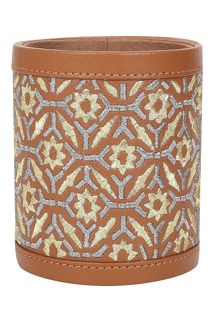 Brown Leather Zari Thread Embroidered Pen Holder by The Leather Garden Home & Living at Pernia's Pop Up Shop