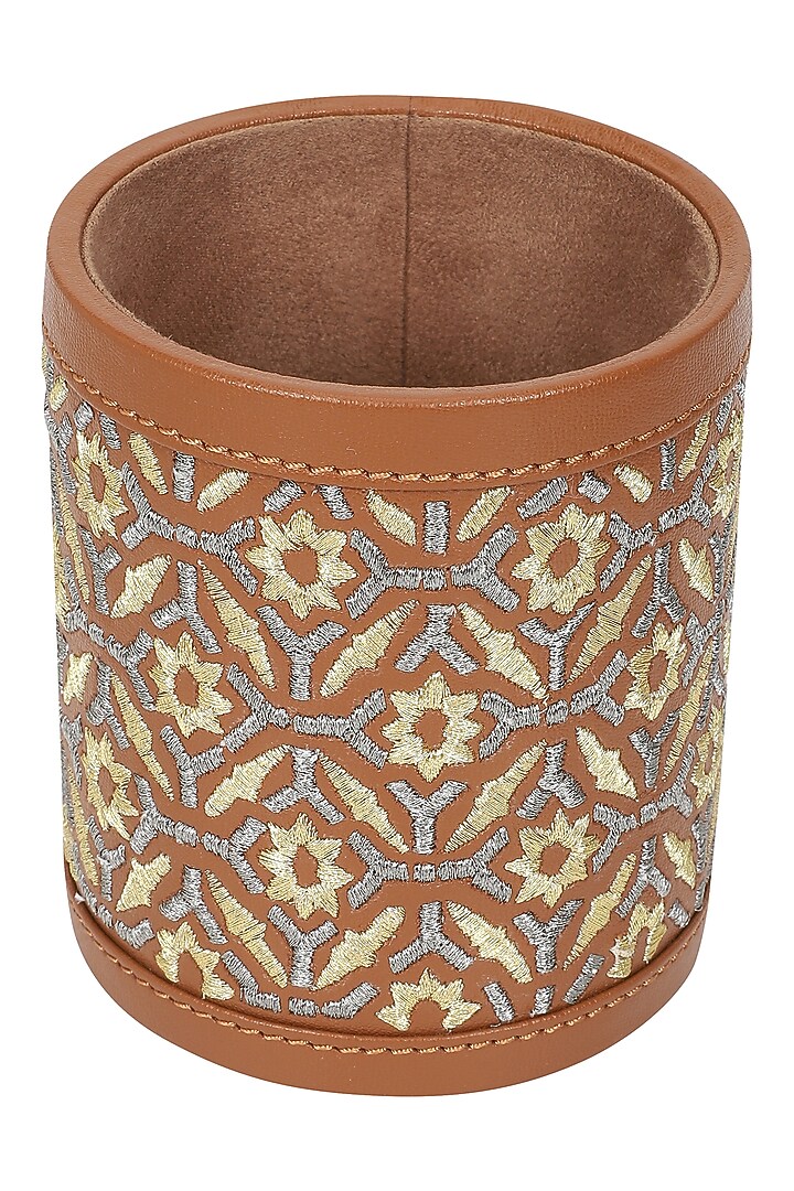 Brown Leather Zari Thread Embroidered Pen Holder by The Leather Garden Home & Living at Pernia's Pop Up Shop
