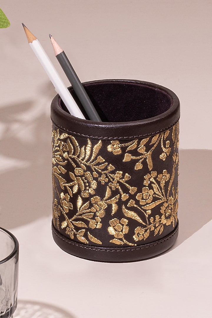 Chocolate Brown Leather Zari Thread Embroidered Pen Holder by The Leather Garden Home & Living
