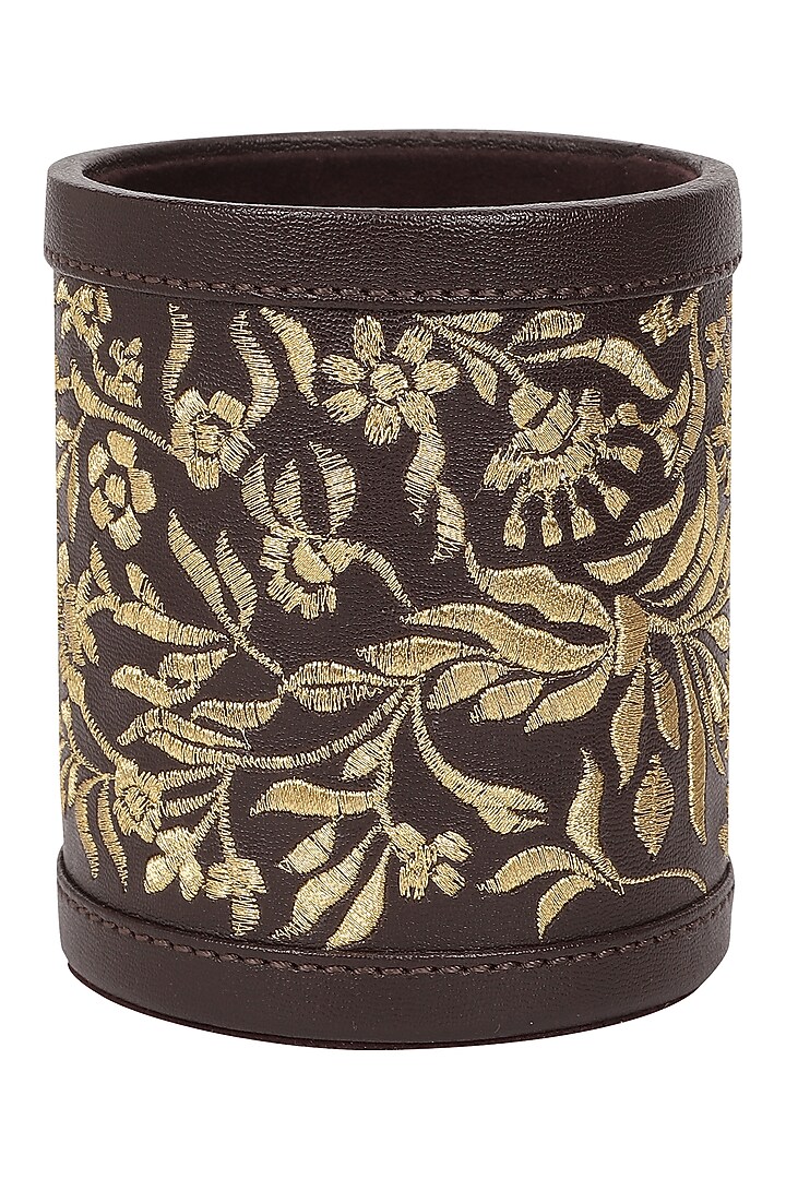 Chocolate Brown Leather Zari Thread Embroidered Pen Holder by The Leather Garden Home & Living at Pernia's Pop Up Shop