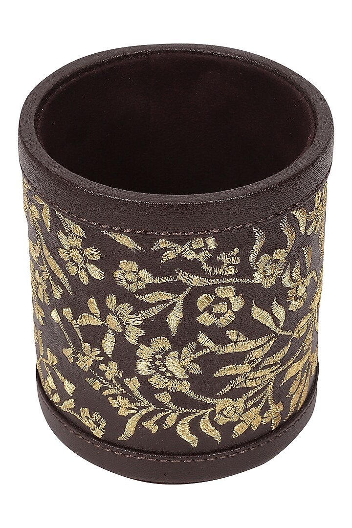 Chocolate Brown Leather Zari Thread Embroidered Pen Holder by The Leather Garden Home & Living at Pernia's Pop Up Shop