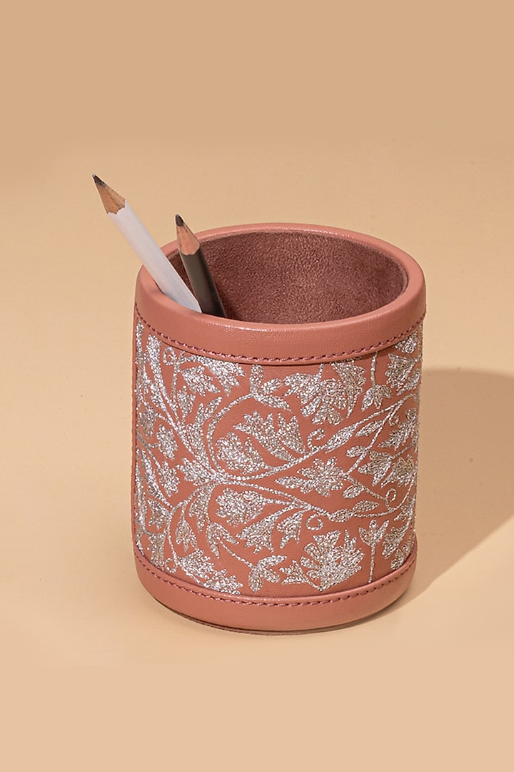 Blush Pink Leather Zari Thread Embroidered Pen Holder by The Leather Garden Home & Living