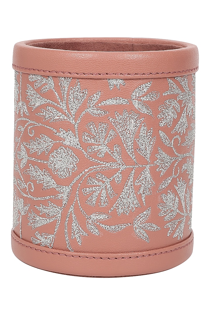 Blush Pink Leather Zari Thread Embroidered Pen Holder by The Leather Garden Home & Living at Pernia's Pop Up Shop