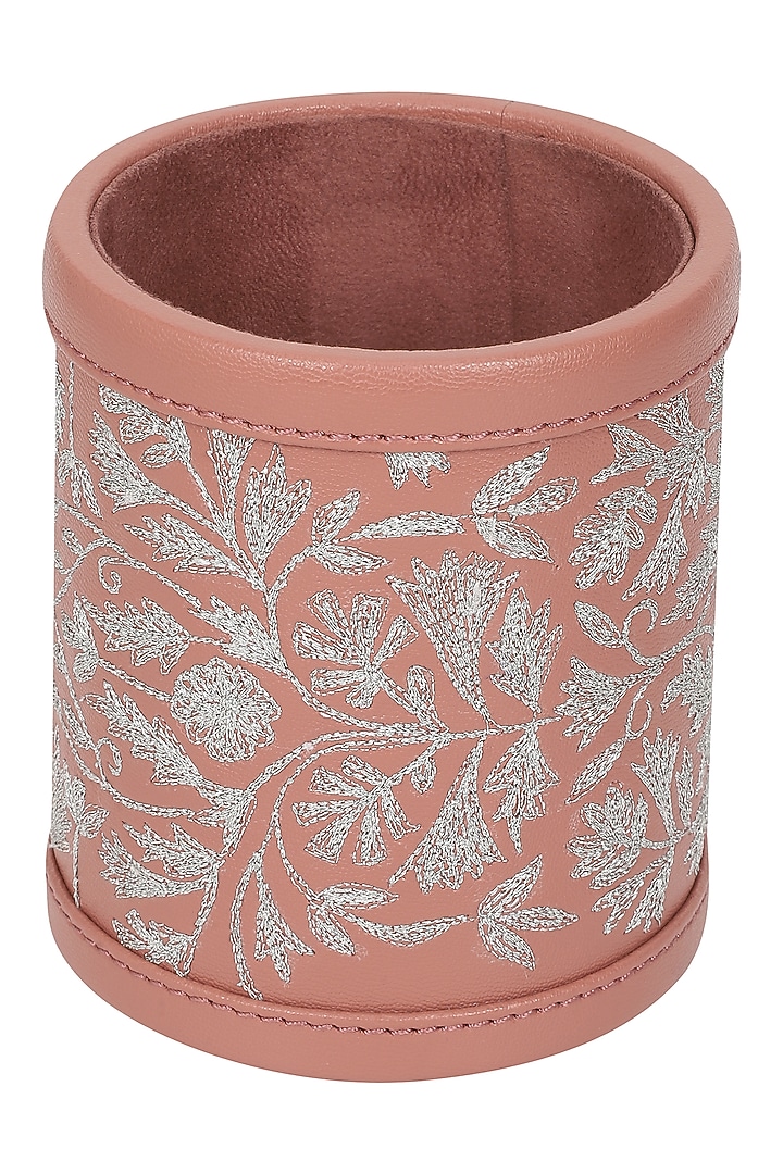 Blush Pink Leather Zari Thread Embroidered Pen Holder by The Leather Garden Home & Living at Pernia's Pop Up Shop
