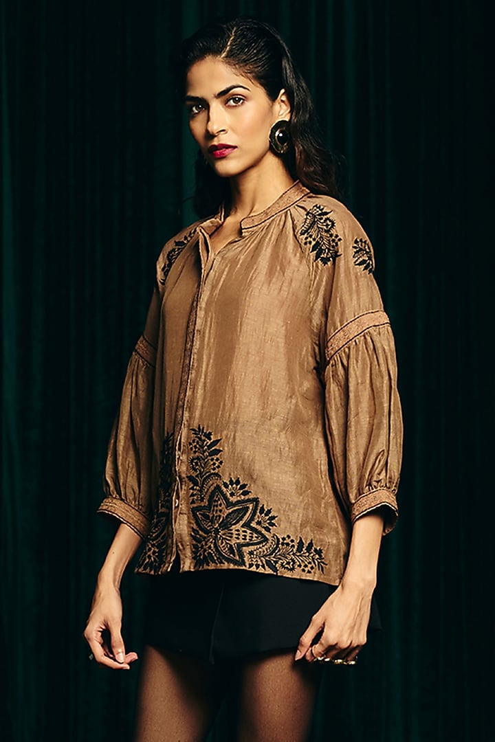 Brown Viscose Linen Hand Embroidered Blouse by talitha at Pernia's Pop Up Shop